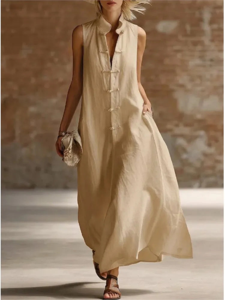 Robe Maxi Femme Sans Manches Col Chemise