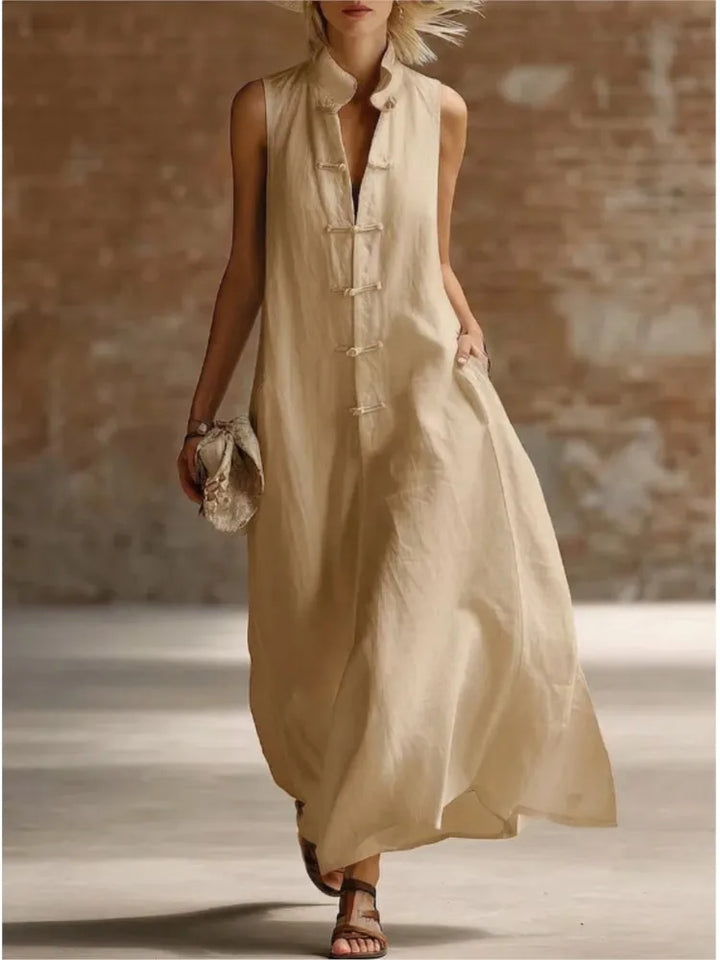 Robe Maxi Femme Sans Manches Col Chemise