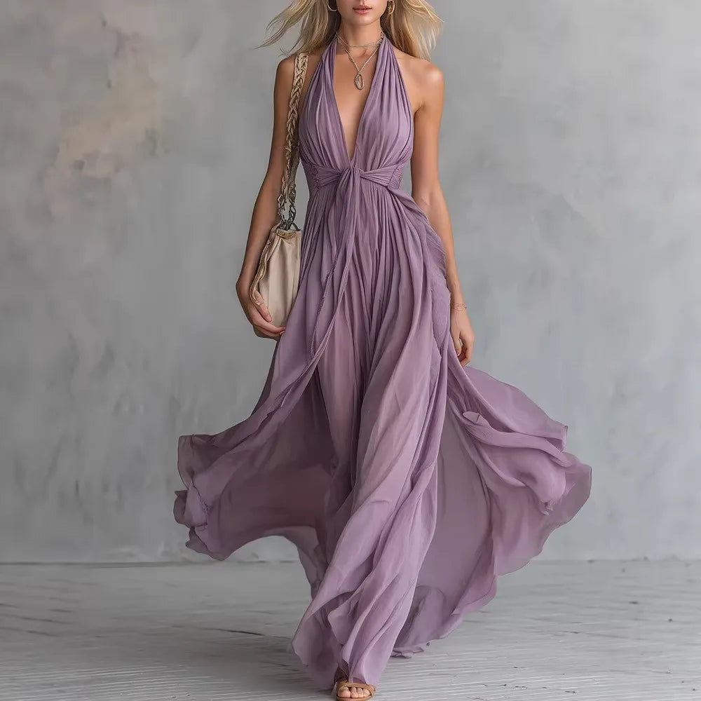 Robe Maxi Femme Col Halter Décolleté V