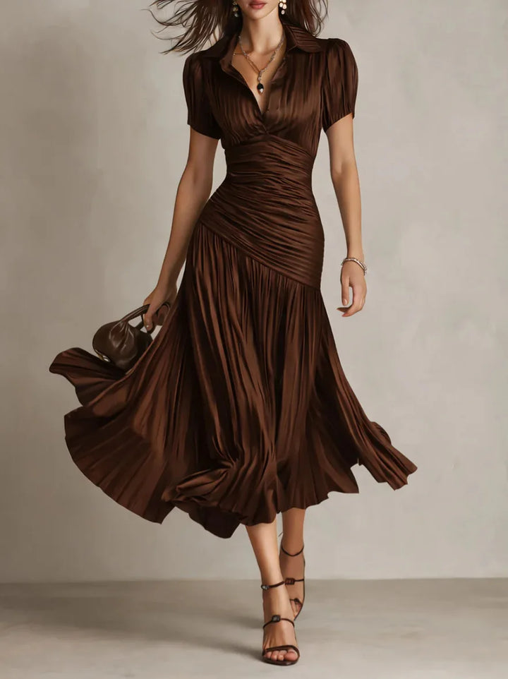 Robe Midi Élégante Pour Femme à Col en V et Plis