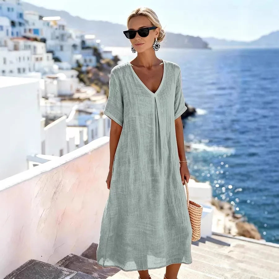Robe Midi Femme Col V Manches Courtes Fluide