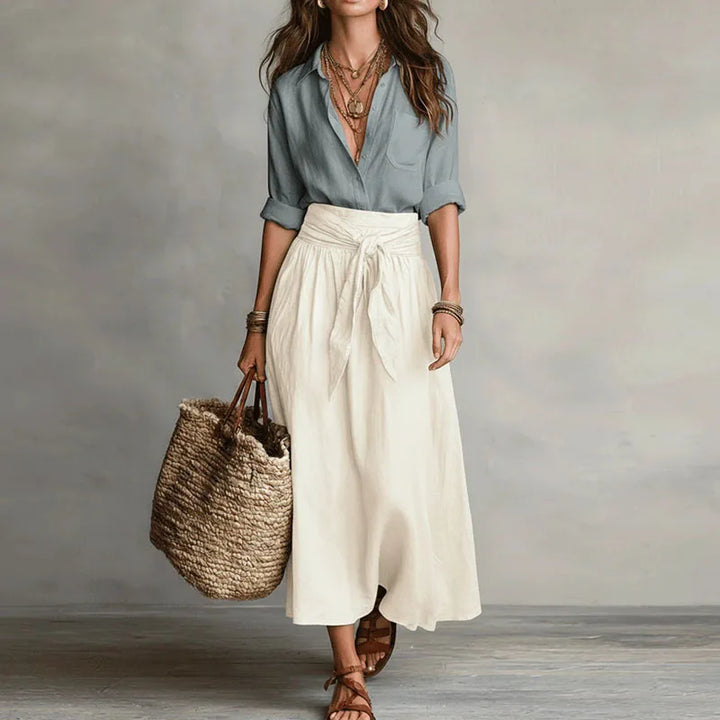 Ensemble Femme Chemisier et Jupe Midi Taille Haute