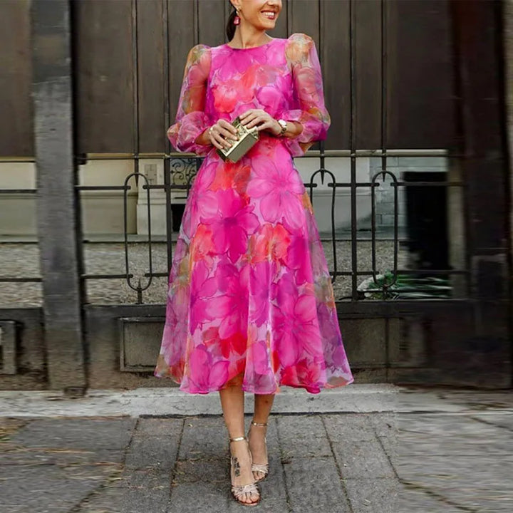 Robe Midi Fleurie Transparente à Manches Longues Pour Femme