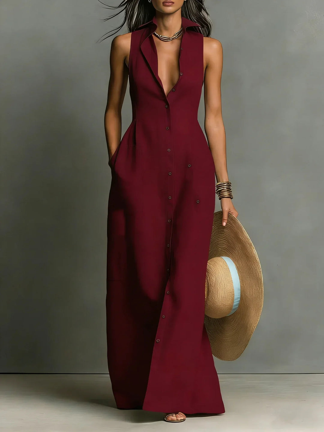 Robe Chemise Sans Manches Boutonnée Femme