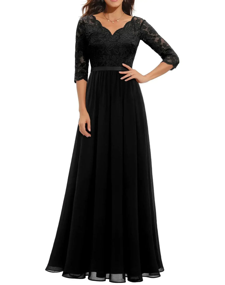 Robe Longue Élégante en Dentelle avec Décolleté en V Pour Femme