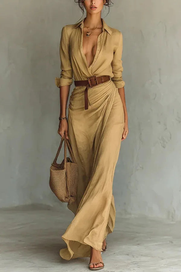 Robe Longue Femme Col V Plissée