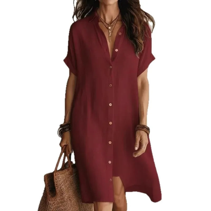 Robe Chemise Femme Bohème Manches Courtes Fluide