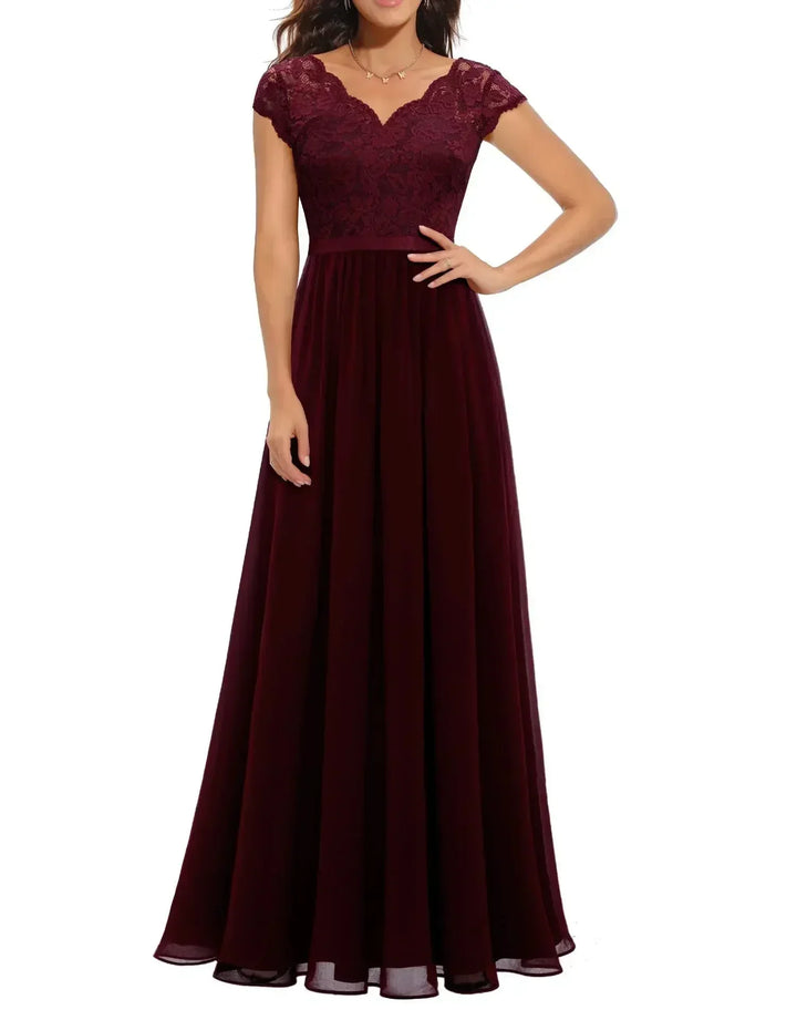 Robe Longue Élégante en Dentelle avec Décolleté en V Pour Femme