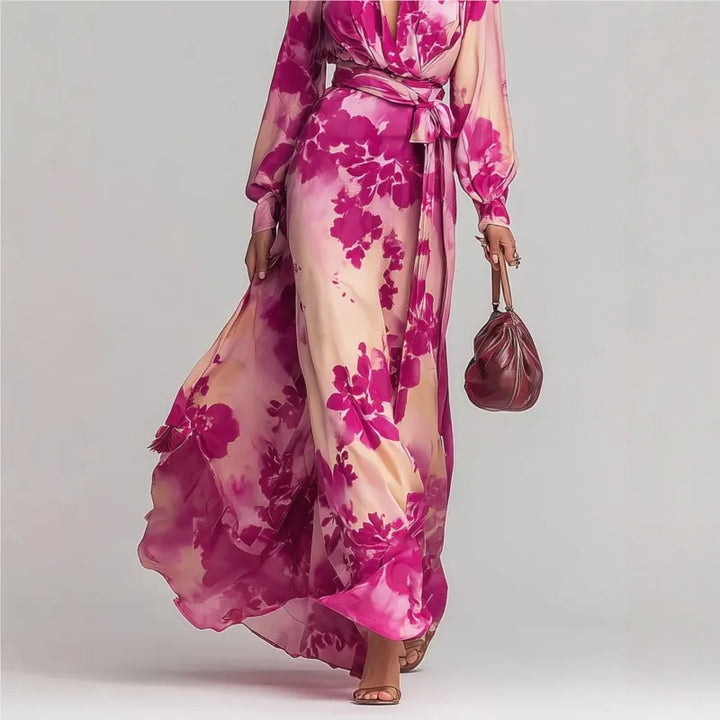 Robe Maxi Bohème Femme Décolleté V Taille Ceinturée