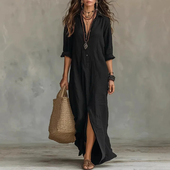 Robe Longue Col V Femme Manches 3/4