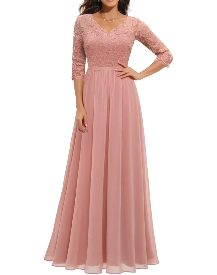 Robe Longue Élégante en Dentelle avec Décolleté en V Pour Femme