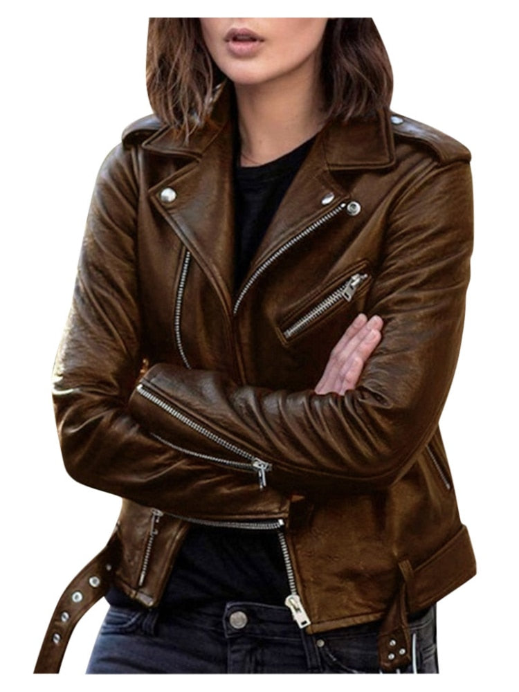 Blouson de Motard Zippé en Similicuir Pour Femme