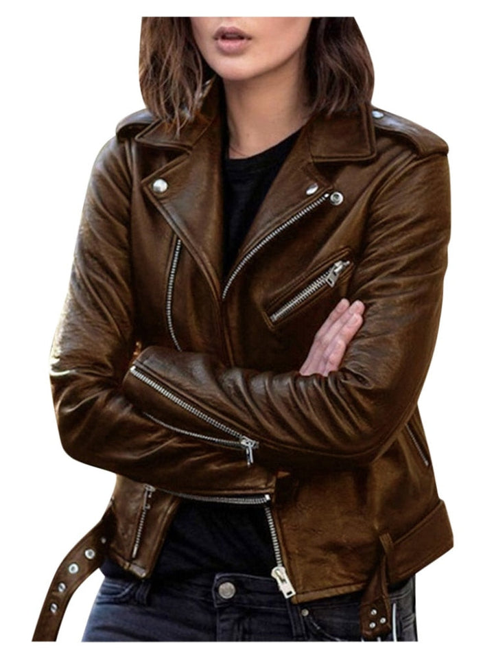 Blouson de Motard Zippé en Similicuir Pour Femme