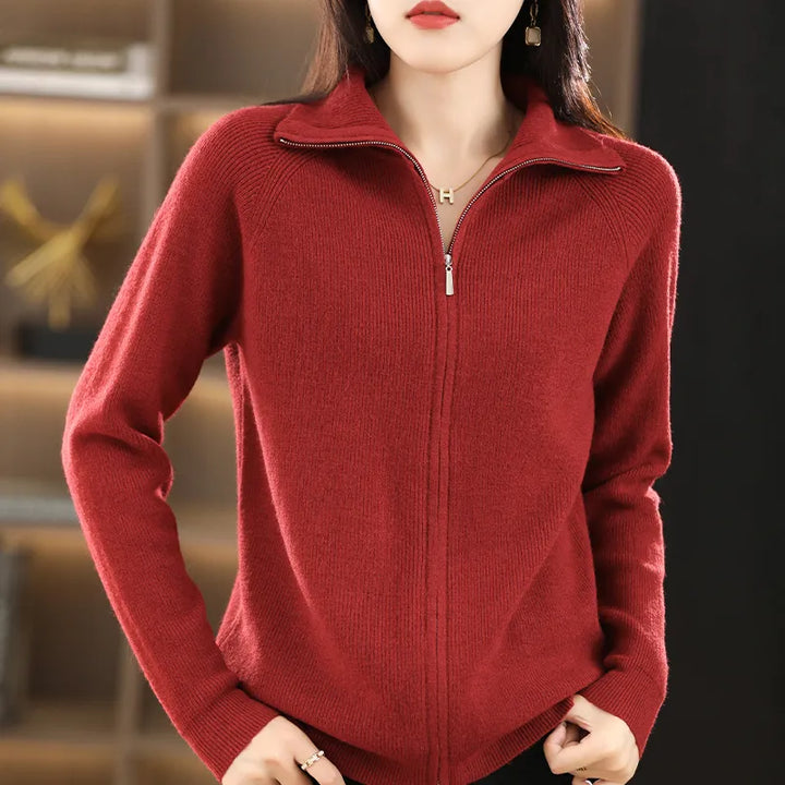 Women's Long-Sleeve Long Zip-Up Cardigan with Stand-Up Collar