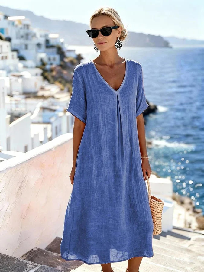 Robe Midi Femme Col V Manches Courtes Fluide