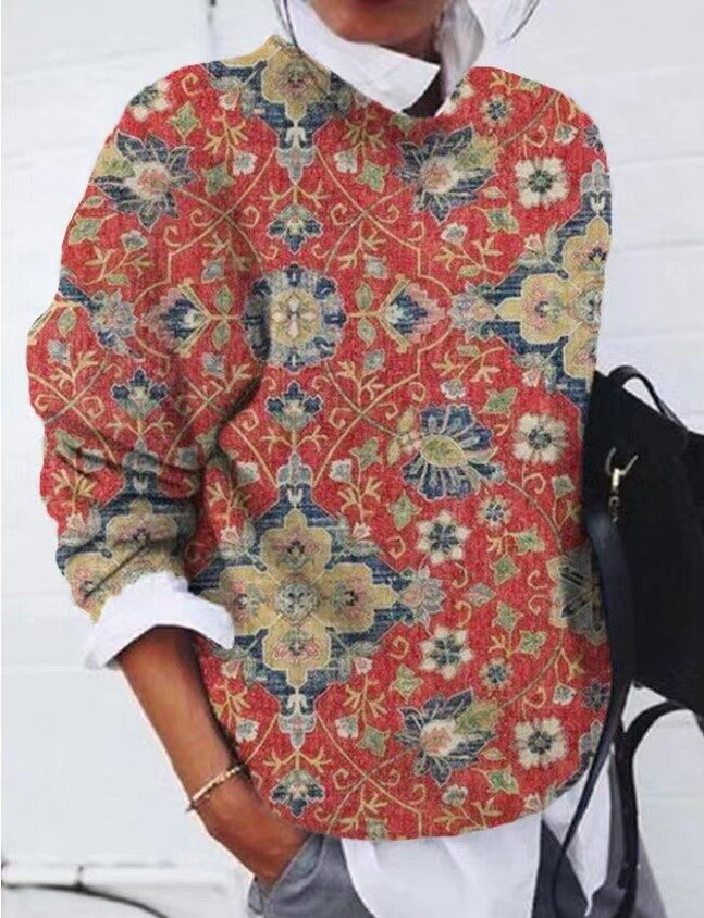 Pull Vintage À Manches Longues Et Motif Floral Pour Femme