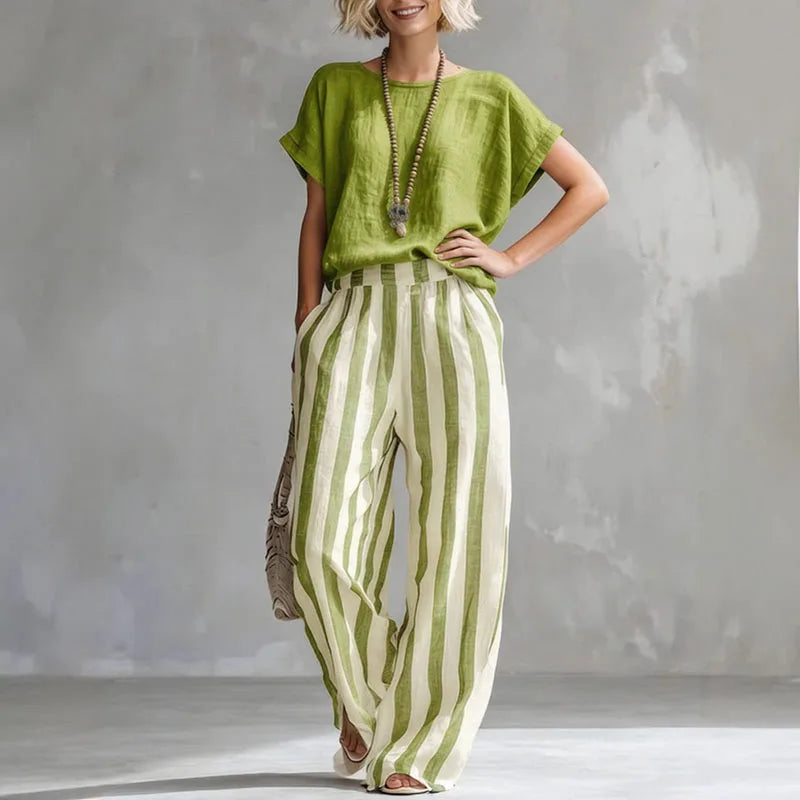 Ensemble Femme Rayé Haut Manches Courtes Pantalon Large