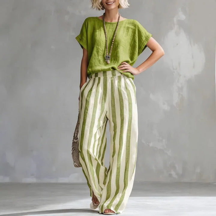 Ensemble Femme Rayé Haut Manches Courtes Pantalon Large
