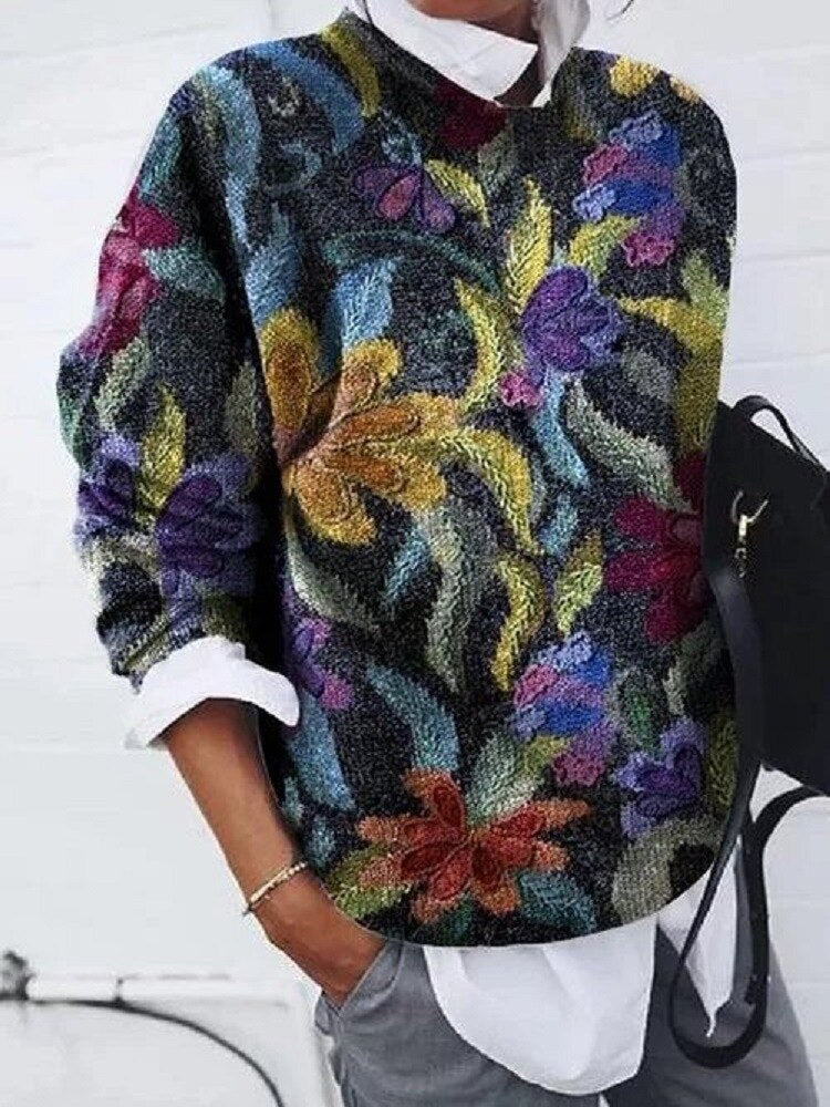 Pull Vintage À Manches Longues Et Motif Floral Pour Femme