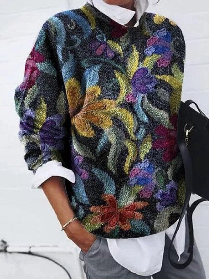 Pull Vintage À Manches Longues Et Motif Floral Pour Femme