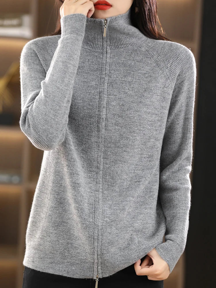 Women's Long-Sleeve Long Zip-Up Cardigan with Stand-Up Collar