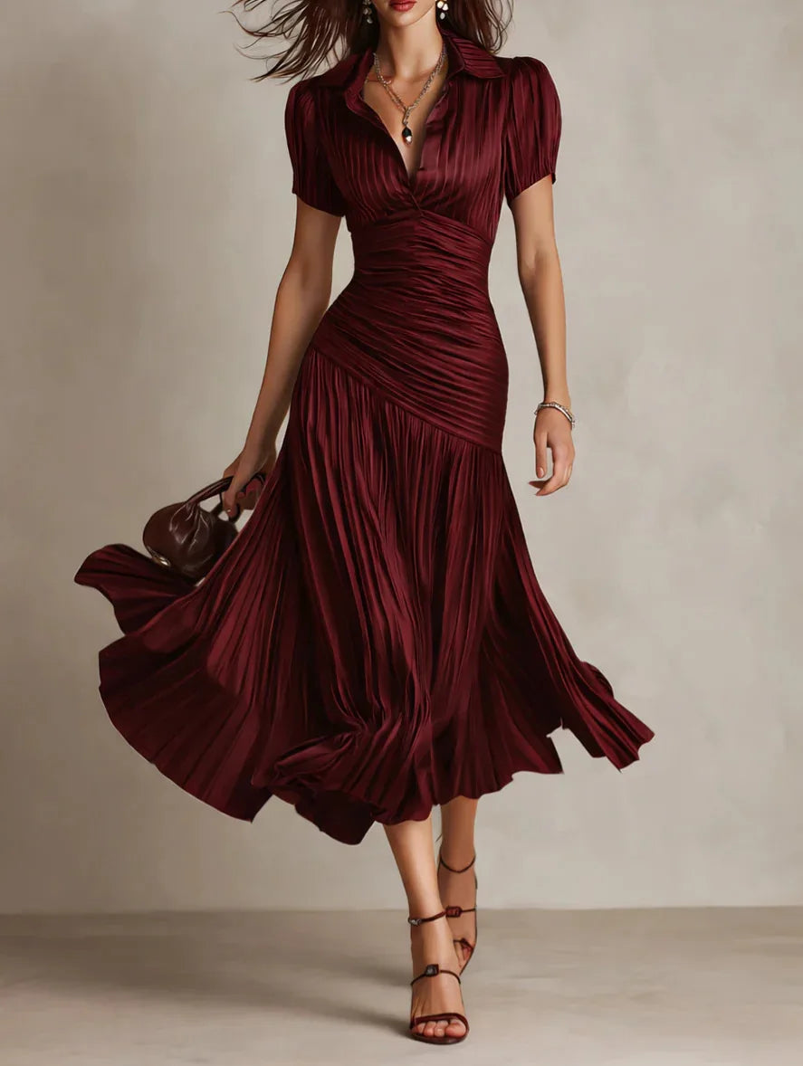 Robe Midi Élégante Pour Femme à Col en V et Plis