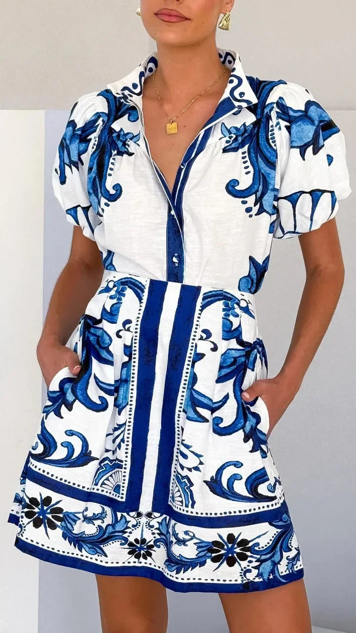 Robe Mini Fleurs Manches Bouffantes Femme Été