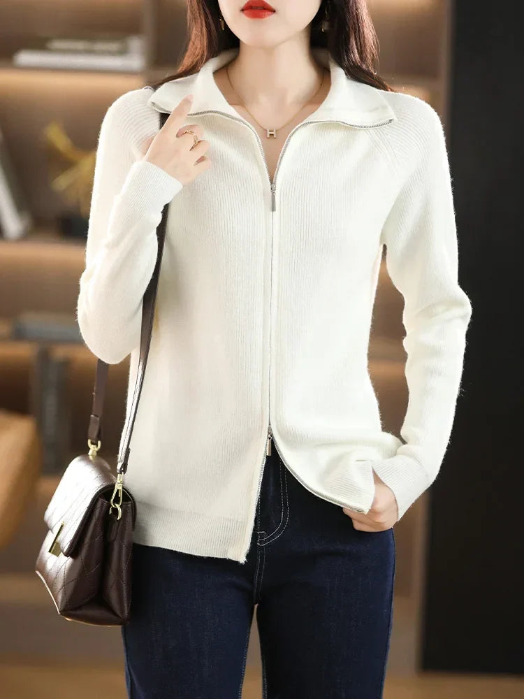 Women's Long-Sleeve Long Zip-Up Cardigan with Stand-Up Collar