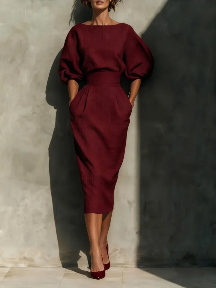Vestido midi de senhora com cintura cintada e mangas balão