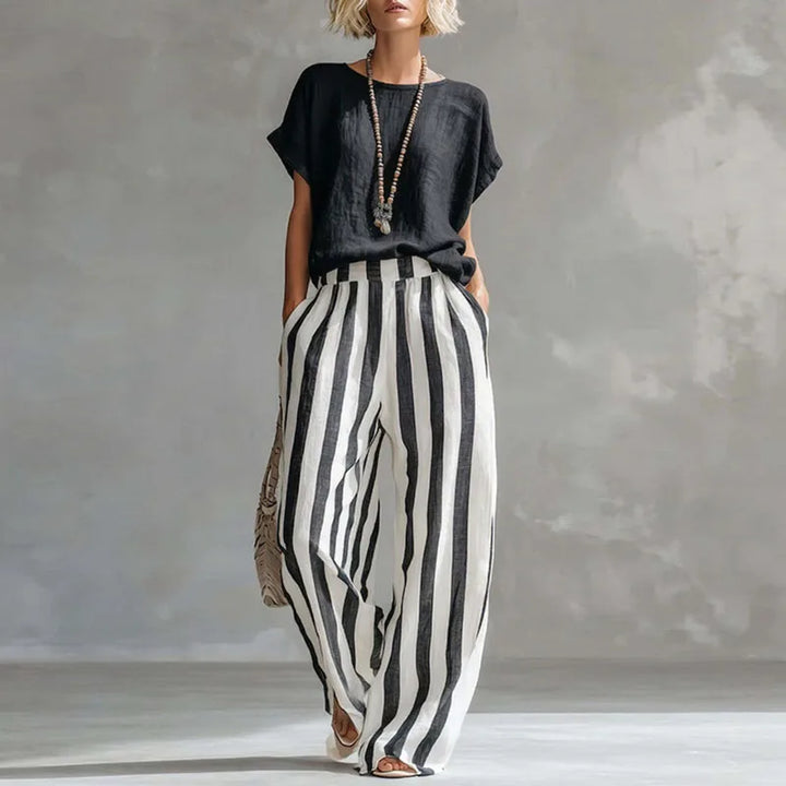 Ensemble Femme Rayé Haut Manches Courtes Pantalon Large