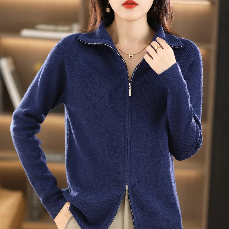 Women's Long-Sleeve Long Zip-Up Cardigan with Stand-Up Collar