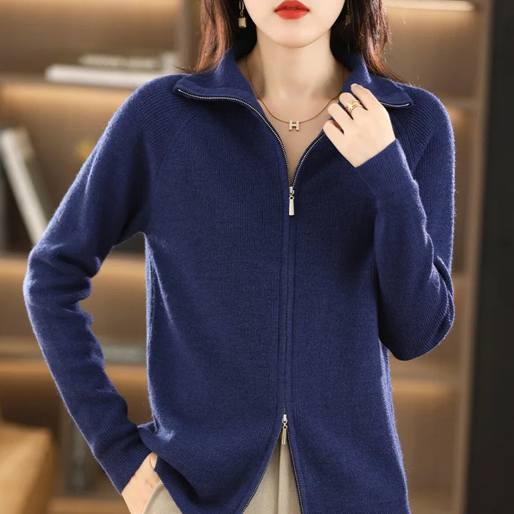 Women's Long-Sleeve Long Zip-Up Cardigan with Stand-Up Collar