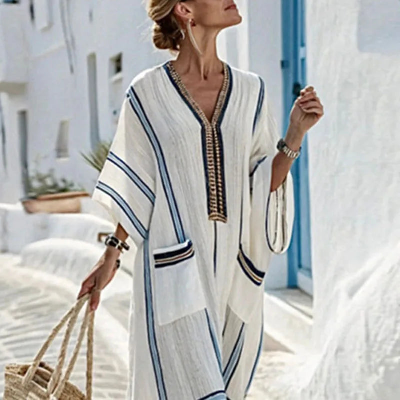 Abito lungo a righe boho con scollo a V da donna