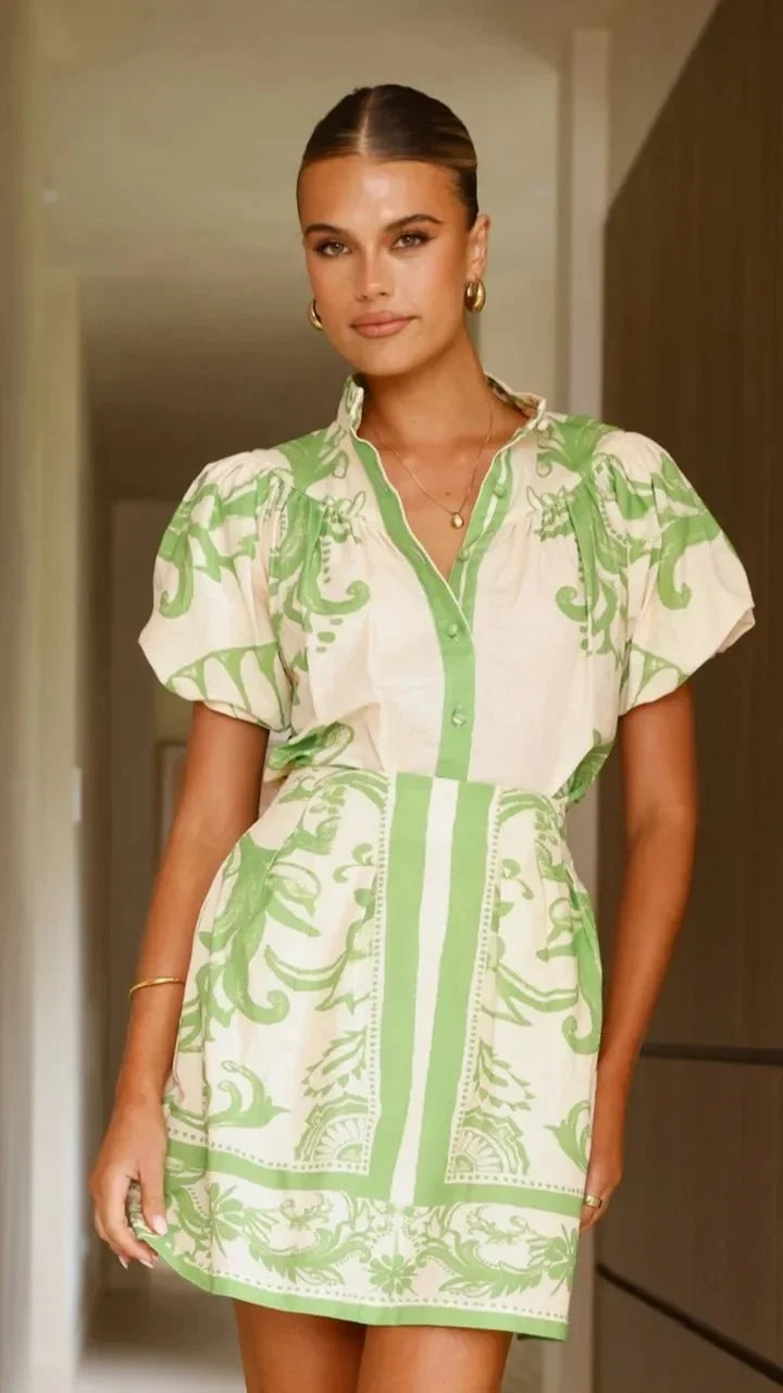 Robe Mini Fleurs Manches Bouffantes Femme Été