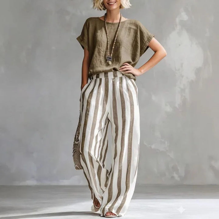 Ensemble Femme Rayé Haut Manches Courtes Pantalon Large