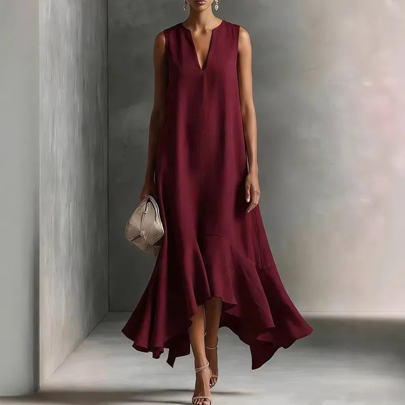 Robe Maxi Femme Bohème Col V Ourlet Volanté