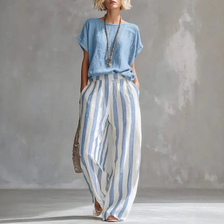 Ensemble Femme Rayé Haut Manches Courtes Pantalon Large
