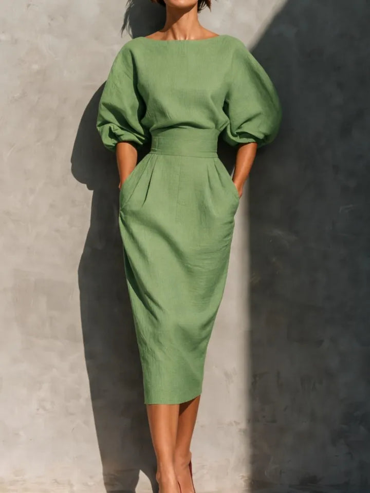Vestido midi de senhora com cintura cintada e mangas balão