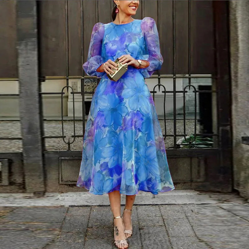 Robe Midi Fleurie Transparente à Manches Longues Pour Femme