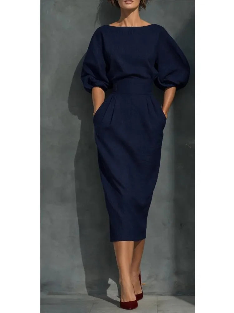 Vestido midi de senhora com cintura cintada e mangas balão