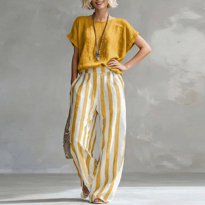 Ensemble Femme Rayé Haut Manches Courtes Pantalon Large
