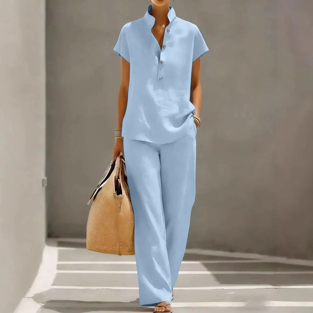 Completo casual da donna in due pezzi con colletto alla coreana
