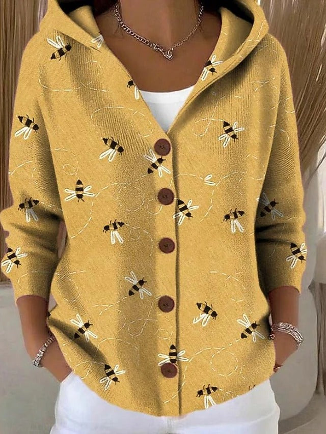 Cardigan à Capuche Boutonné et Imprimé Pour Femme