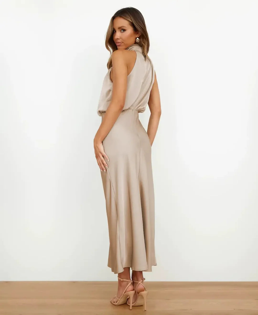 Women's Satin Midi Dress with Draped Neckline
