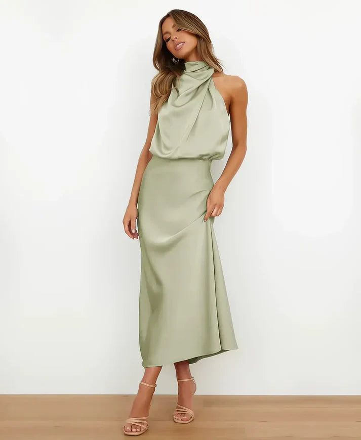 Women's Satin Midi Dress with Draped Neckline