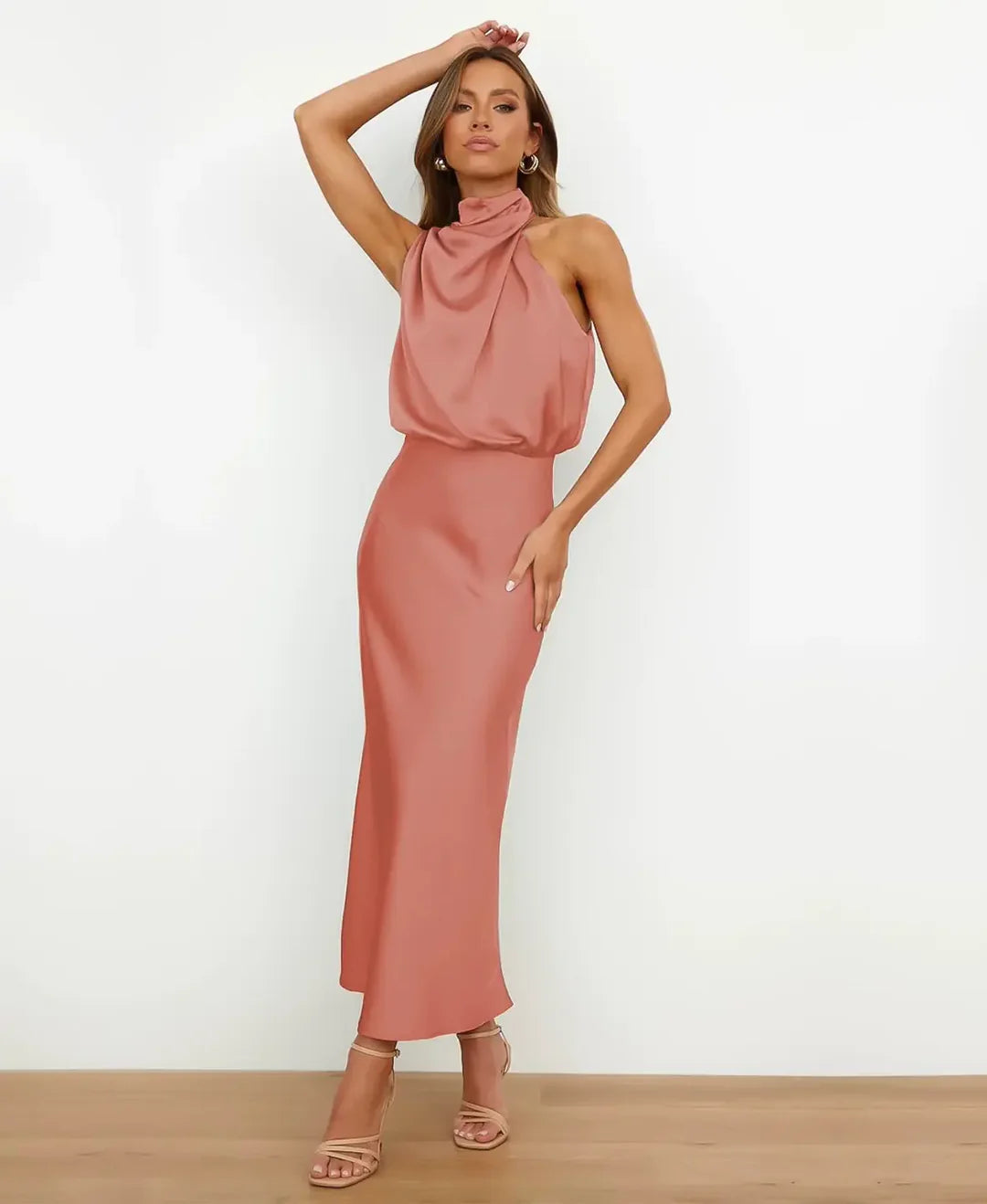 Women's Satin Midi Dress with Draped Neckline