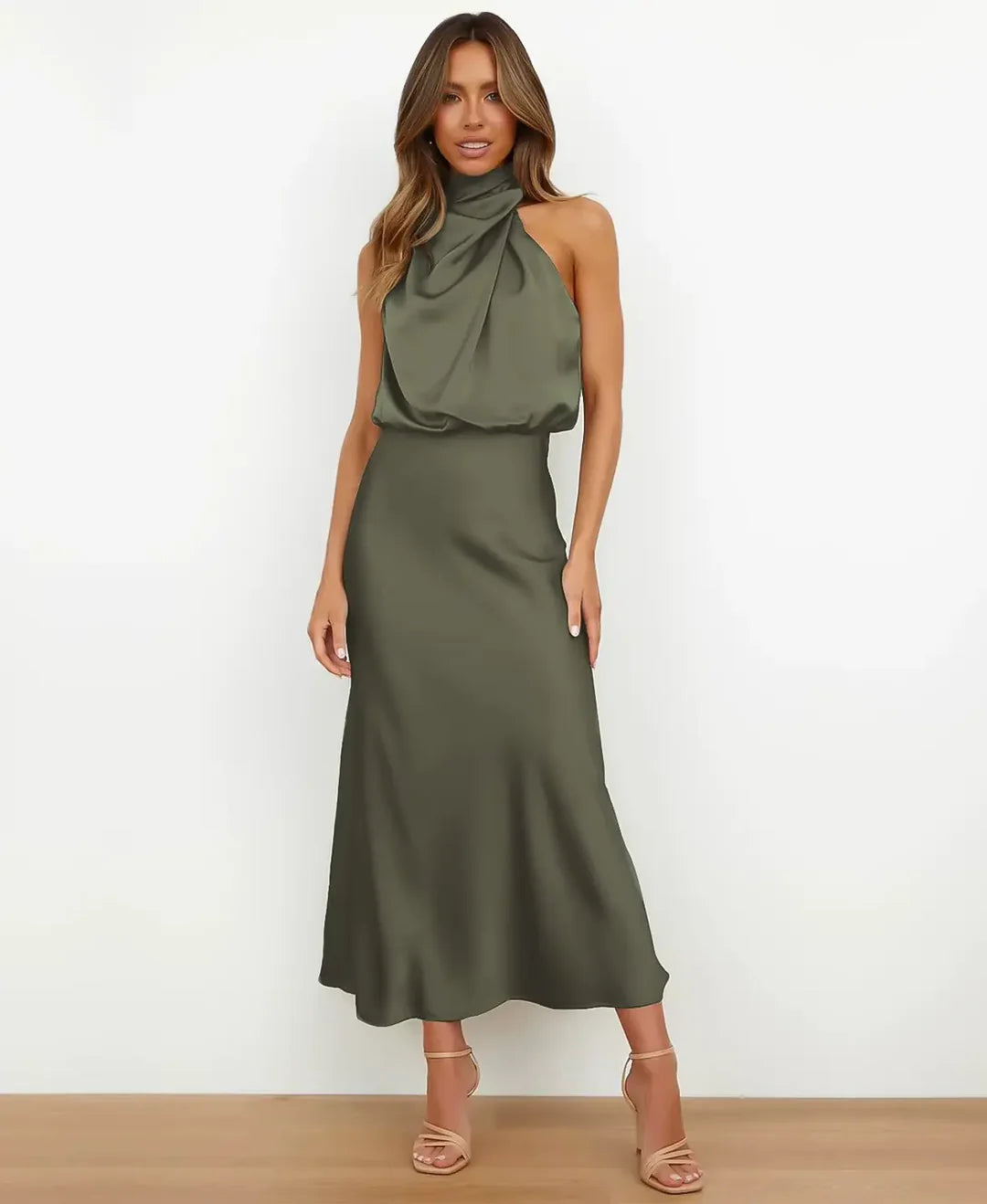 Women's Satin Midi Dress with Draped Neckline