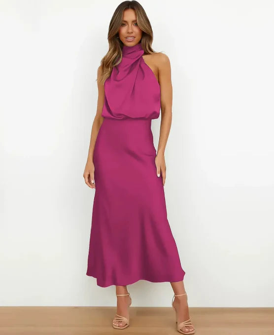Women's Satin Midi Dress with Draped Neckline