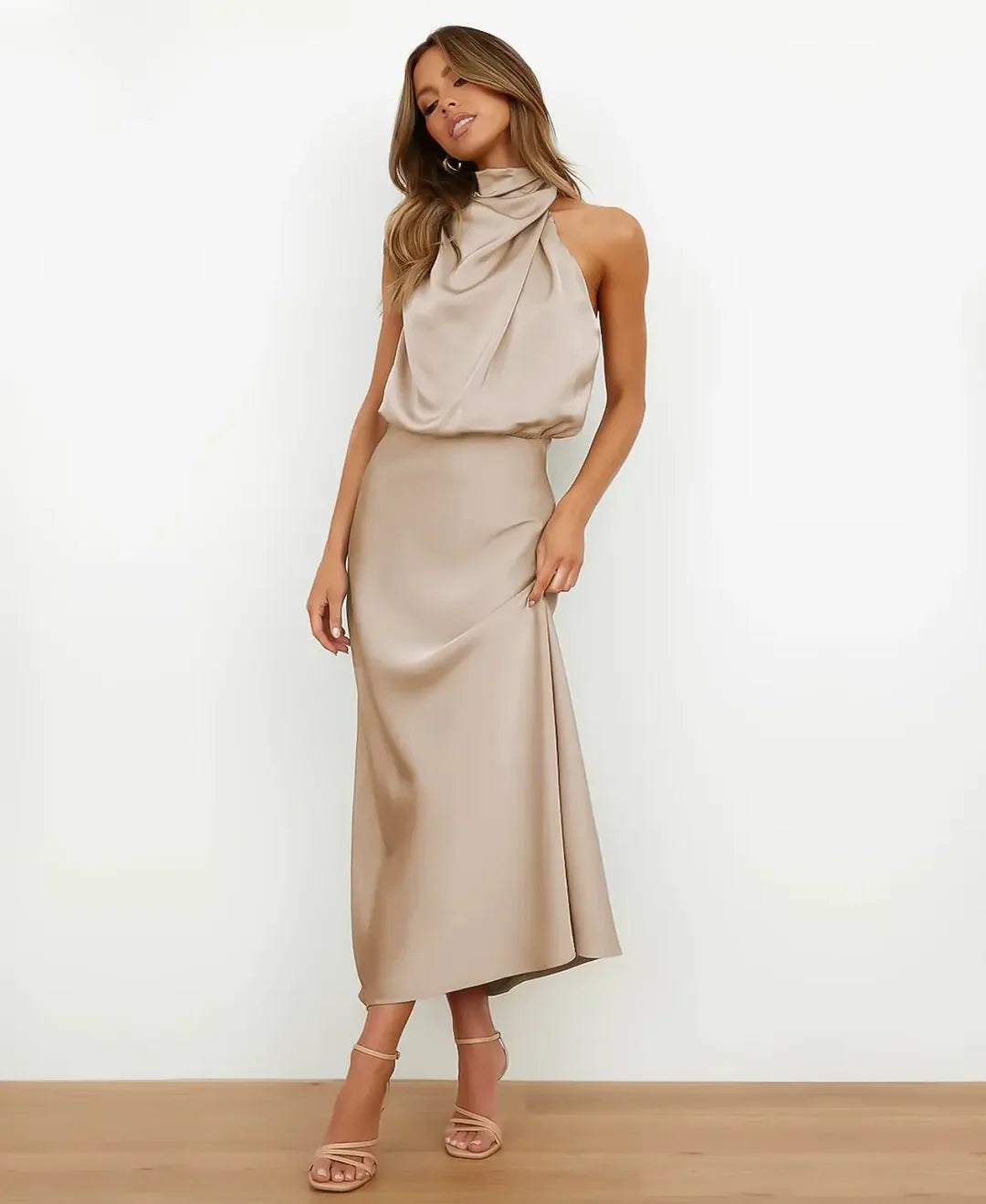 Women's Satin Midi Dress with Draped Neckline