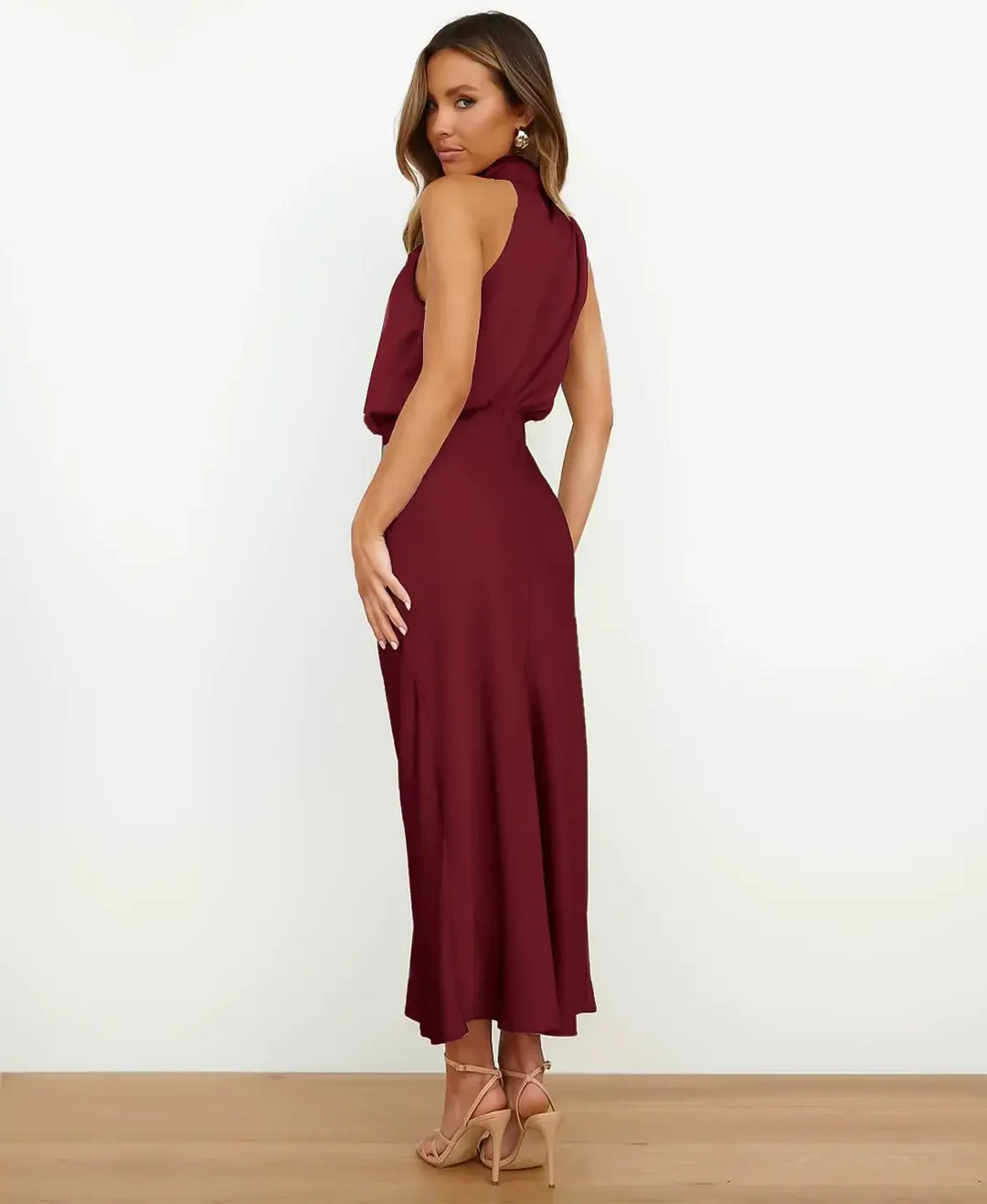 Women's Satin Midi Dress with Draped Neckline